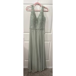 NWT Lavetir Beaded Lace Corset Back Chiffon Maxi Formal Gown in Mint Green, 16